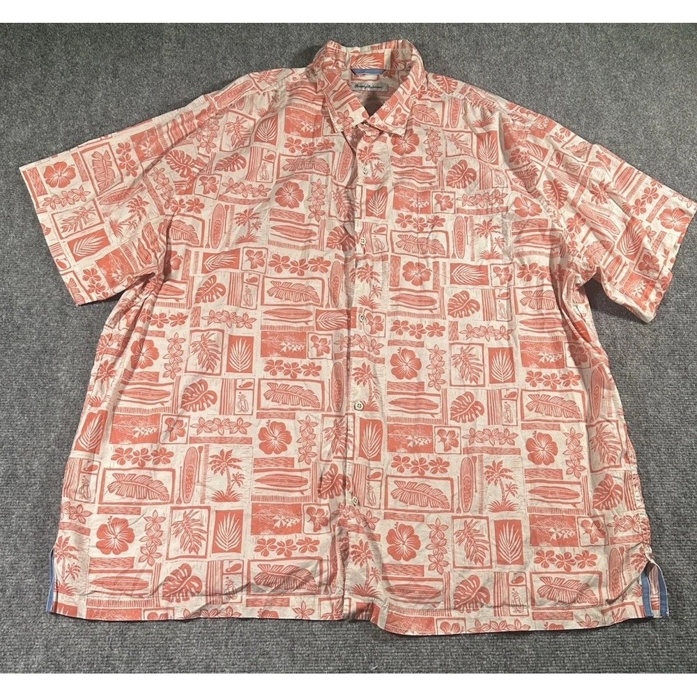 Tommy Bahama Mens Orange 3XL Button Up Short Sleeve Cotton Shirt Floral Beach